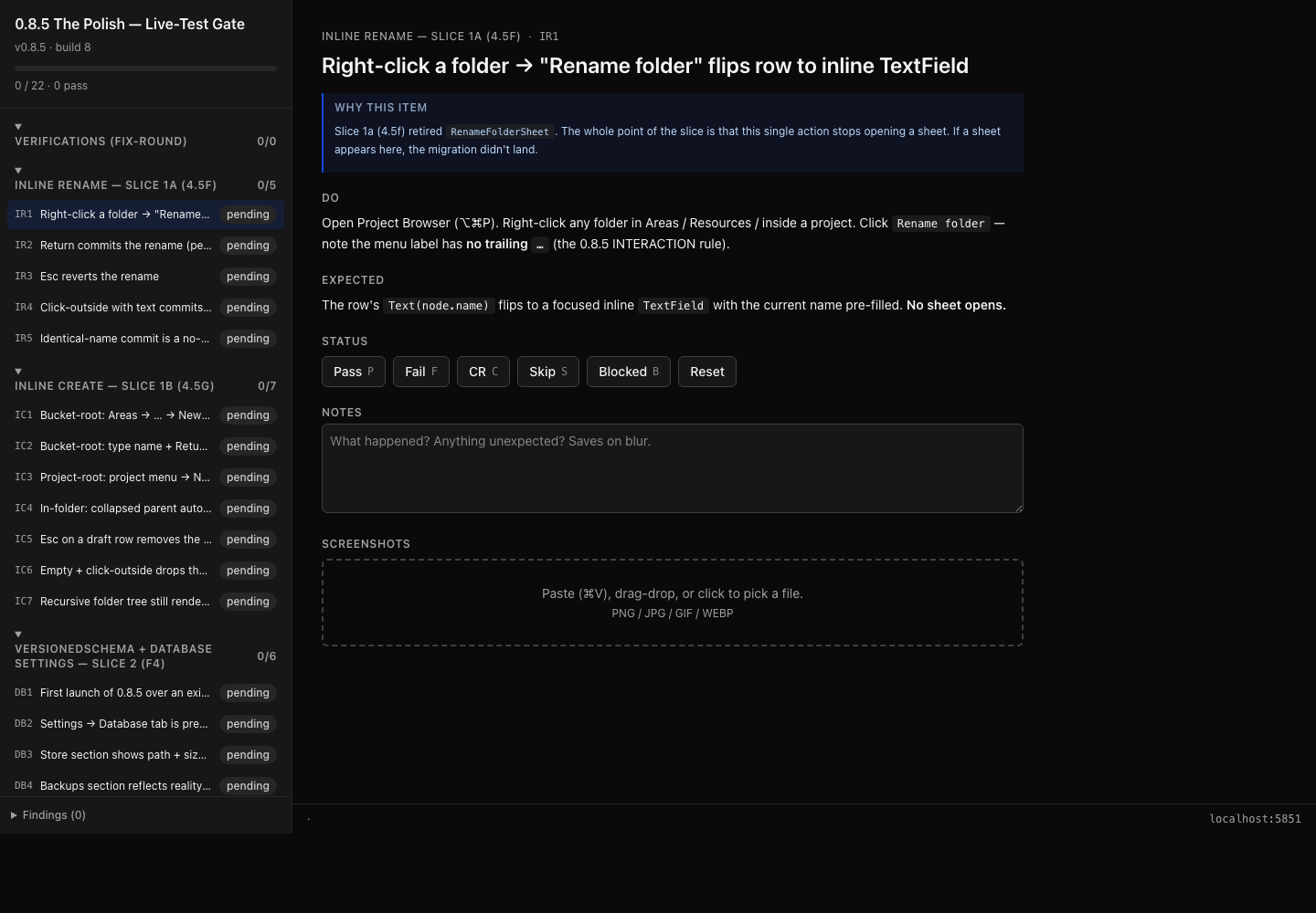 The test-gate app showing a session sidebar, a selected verification item, status buttons, notes, and screenshot capture.